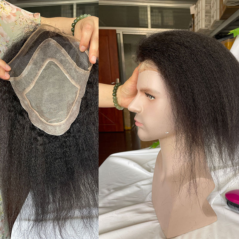 Human Hair Men Toupee Mono Lace With Npu Around Lace Systems Size 8x10Inch Kinky Curly 12'' Long Human Hair Toupee for Men Wigs