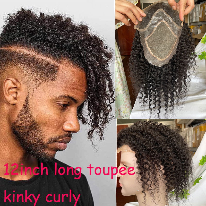 Human Hair Men Toupee Mono Lace With Npu Around Lace Systems Size 8x10Inch Kinky Curly 12'' Long Human Hair Toupee for Men Wigs