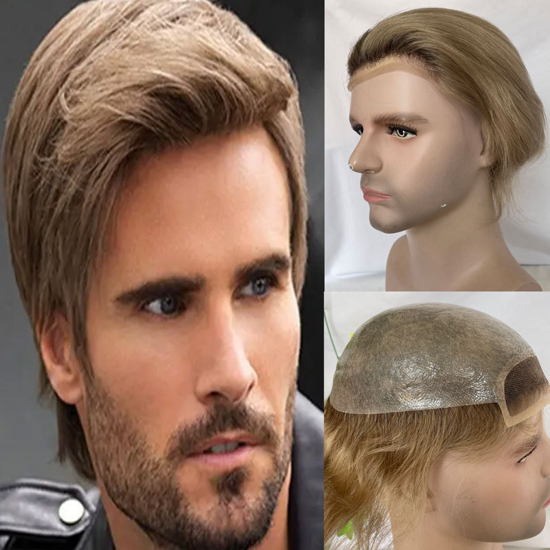 Mens Toupee with 100%European Human Hair Toupee for Men 0.08mm Thin Skin Hair Toupee Men's Hair pieces 8x10Inch Base Ombre Color