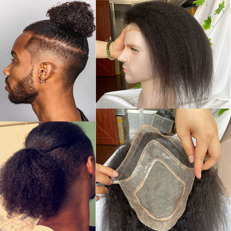Kinky Straight Human Hair Toupee for Men 12''Long Toupee Hair Wigs Mono Lace and PU Around 10x8"Base size Yaki Straight Hair Wigs