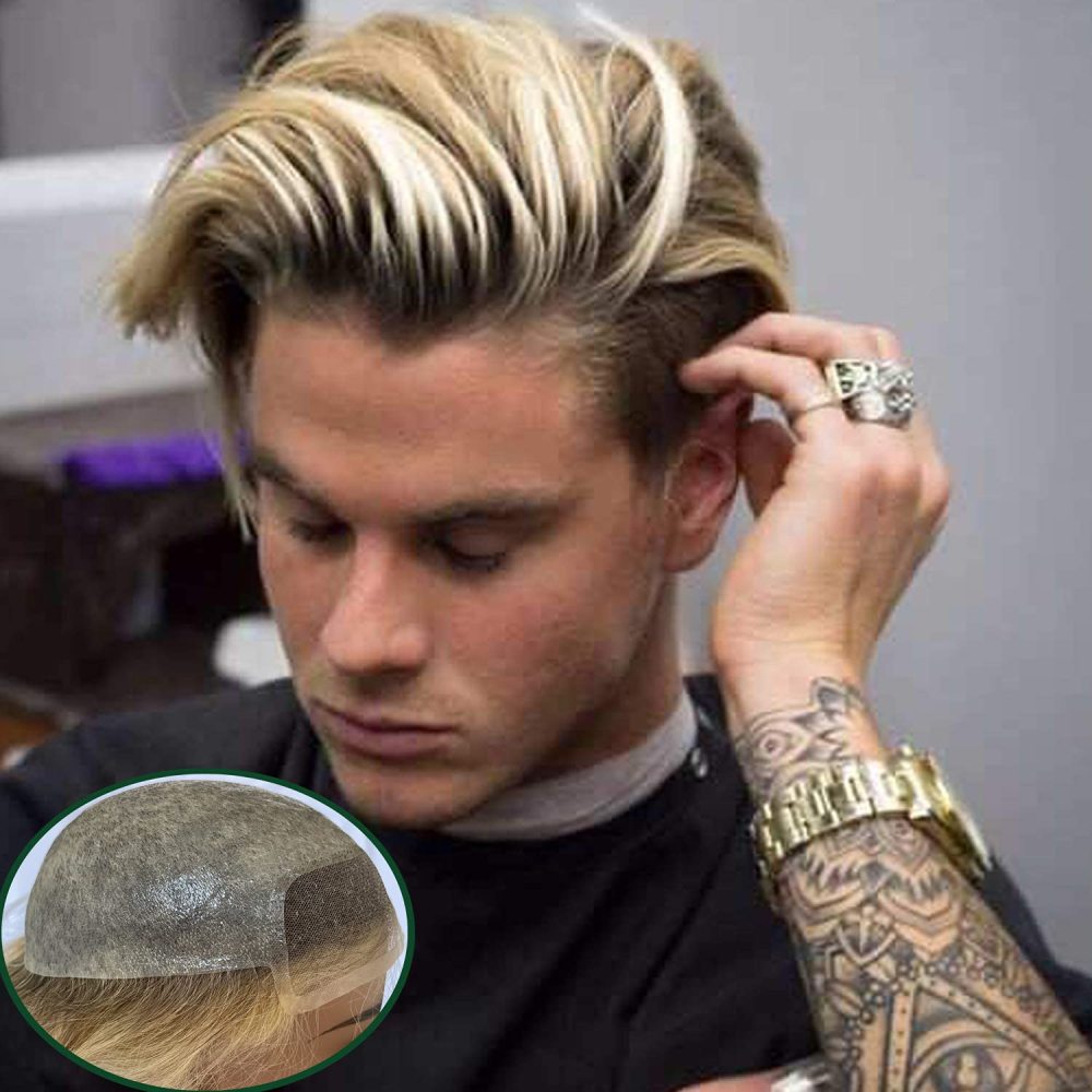 Mens Toupee with 100%European Human Hair Toupee for Men 0.08mm Thin Skin Hair Toupee Men's Hair pieces 8x10Inch Base Ombre Color