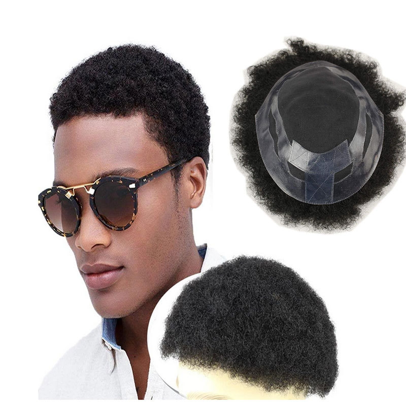 Afro Men Wig Mens Hair Unit Toupee for Black Men Natural Black Color Mono Lace With Pu Afro Kinky Human Hair Replacement For Hair System Wig