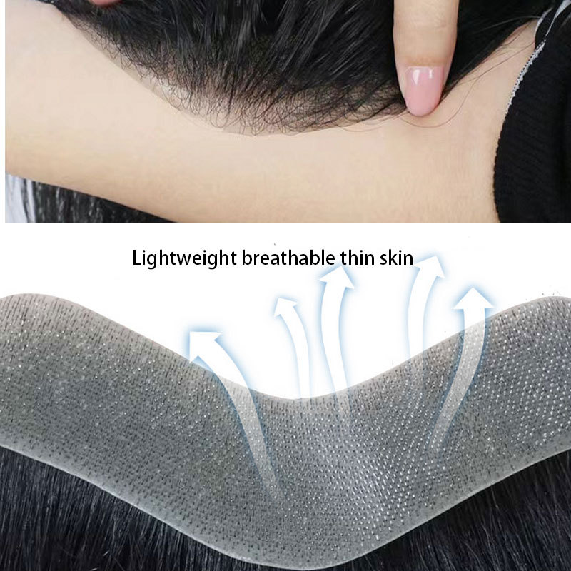 Front Men Toupee 100% Human Hair Piece For Men V Style Front Toupee Wig Remy Hair With Thin Skin Base Natural Hairline Toupee 6inch 1B  Color