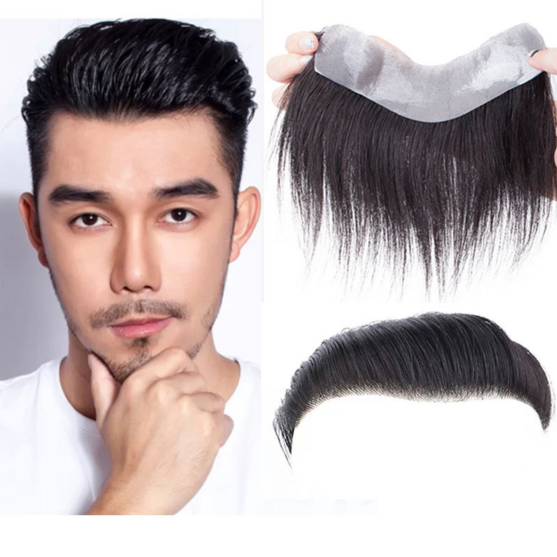 Front Men Toupee 100% Human Hair Piece For Men V Style Front Toupee Wig Remy Hair With Thin Skin Base Natural Hairline Toupee 6inch 1B  Color