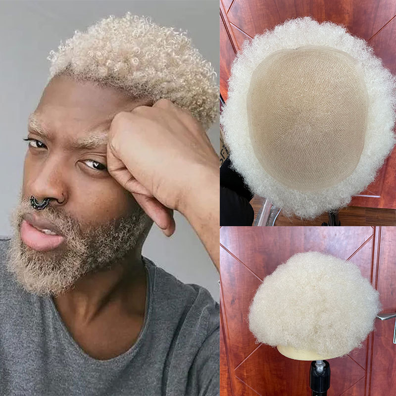 Voloria African American Wigs Full Swiss Lace Afro Tight Curly Human Hair Toupee Men Hairpiese #613 Blonde Color 10x8inch Toupee For Men