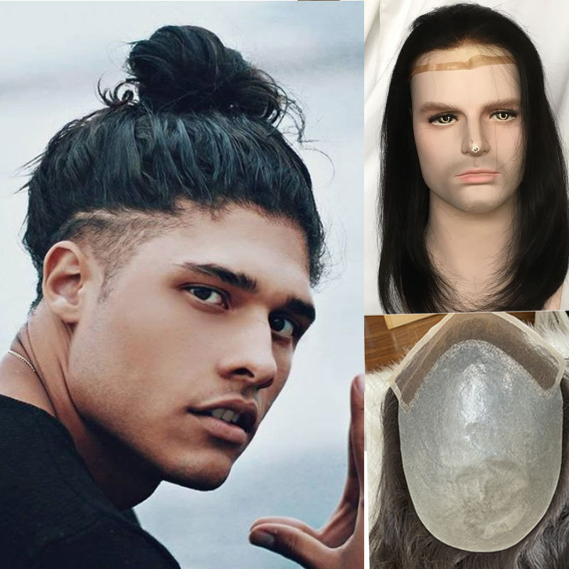 Voloria Hair French Lace Front With PU Men's Toupee 14inch 100%Human Hair Pieces Toupee For Men 8x10 PU Hair System Hair Replacement 1B Color