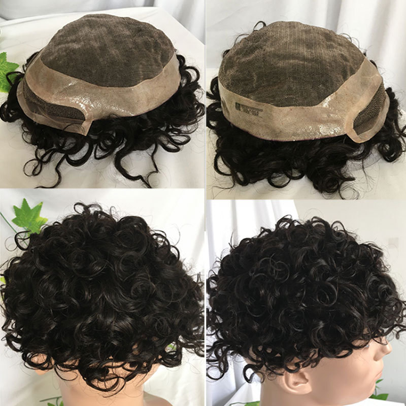 7*9 Toupee For Men 20MM Curly Men's Wigs Human Hair Super Durable Mono Lace Frontal Toupee Men HairPieces For Men Hair Toupee 1B Color
