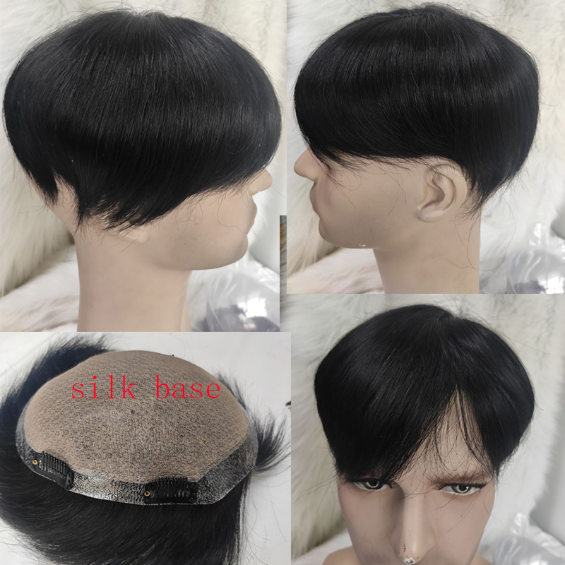 Wig Hair Replacement Silk Base Closure Men's Toupee Human Hair 130%Density Men Wigs Clip in Crown Toupee  For Men 1B Color Natural Hairline