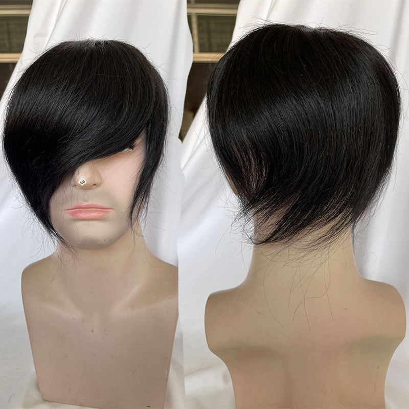 Men Toupee Silk Base Wigs For Men Short Hair PU Silk Base Toupee Human Hair Toupee For Men Hair pieces Natural Hairline Clip in Crown 1B Color