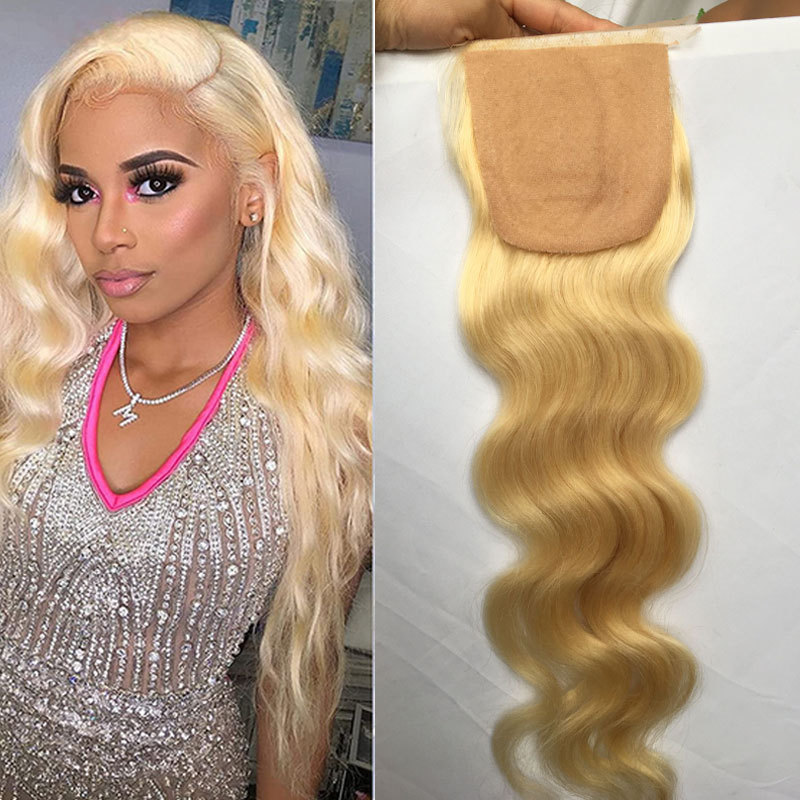 Silk Base Top 4x4" Lace Closures Brazilian Virgin Human Hair Silk Straight Natural Blonde #613 Color Free Part Closure for Women