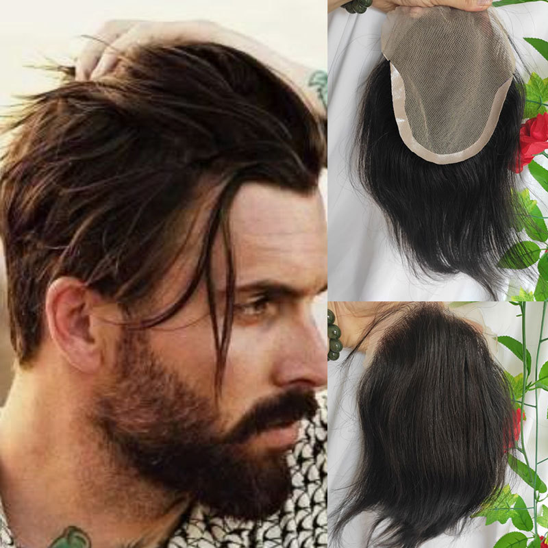 Voloriahair Men's Toupee 8inch Hairpieces 100% European Virgin Human Hair Replacement System Hair Topper Pieces for Men Swiss Lace Net with PU Base
