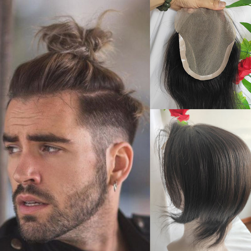 Long Toupe Human Hair Men's Wig For Swiss Lace With PU Around Toupee Hairpiece Natural Color 5.5x7.5inch For Men Hair Toupee