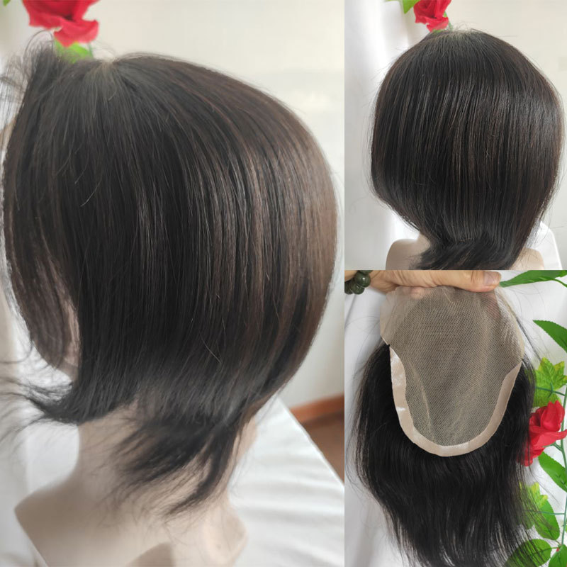 Voloriahair Men's Toupee 8inch Hairpieces 100% European Virgin Human Hair Replacement System Hair Topper Pieces for Men Swiss Lace Net with PU Base