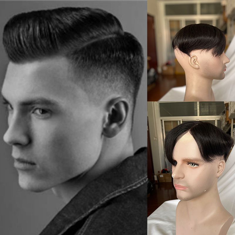 Human Hair Men's Toupee French Lace With NPU Around Base Men's Hair Systems Hairpiece 1B Color Mens Wig