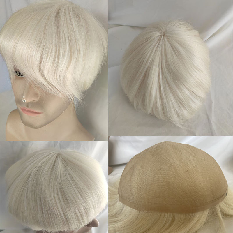 Voloria Hair Swiss Lace Men's Toupee Lace Front Men Wigs Replacement System Human Hair Toupee For Men Bleached Knots 60# White Color 8X10