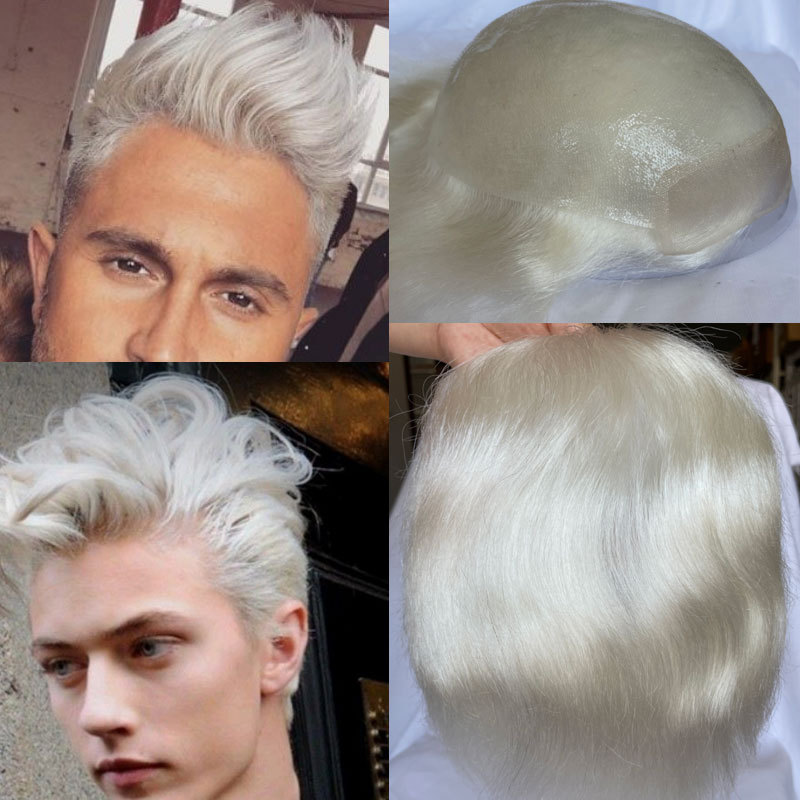 Voloria Hair Swiss Lace Men's Toupee Lace Front Men Wigs Replacement System Human Hair Toupee For Men Bleached Knots 60# White Color 8X10