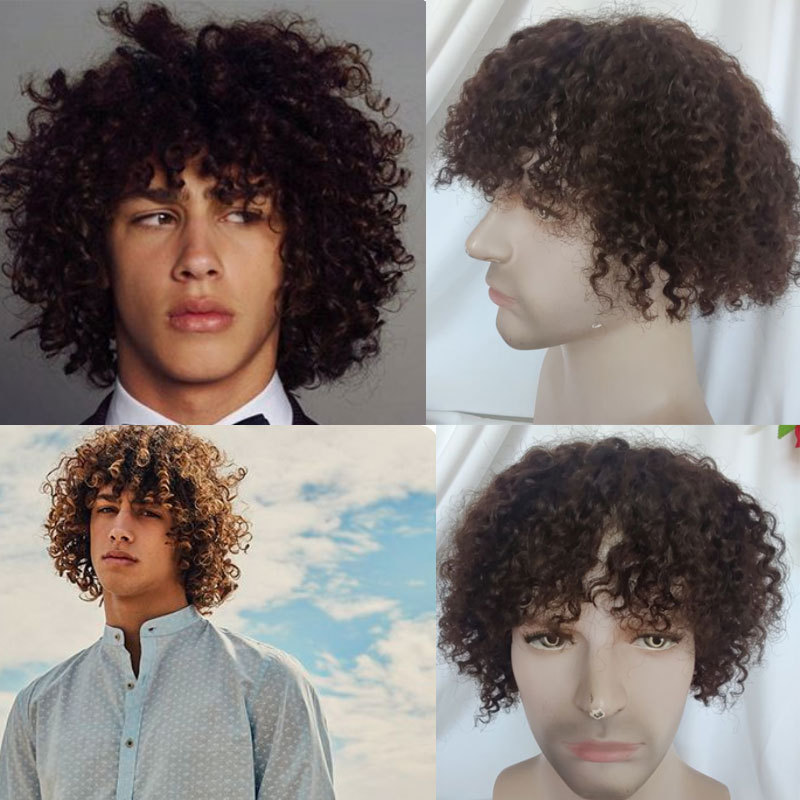 Men Wigs Short Brown Afro Kinky Curly Full Swiss Lace Wigs With Mono Lace Top Human Hair Glueless Fashion For Men Wig Human Hair Lace Wig