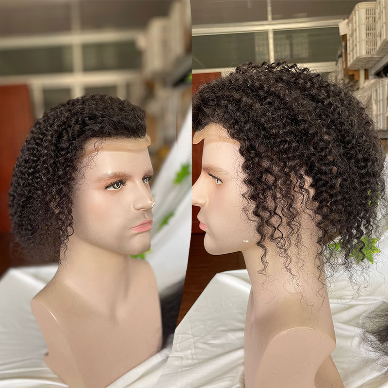 Human Hair Men Toupee Mono Lace With Npu Around Lace Systems Size 8x10Inch Kinky Curly 12'' Long Human Hair Toupee for Men Wigs