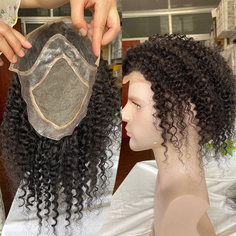 Human Hair Men Toupee Mono Lace With Npu Around Lace Systems Size 8x10Inch Kinky Curly 12'' Long Human Hair Toupee for Men Wigs