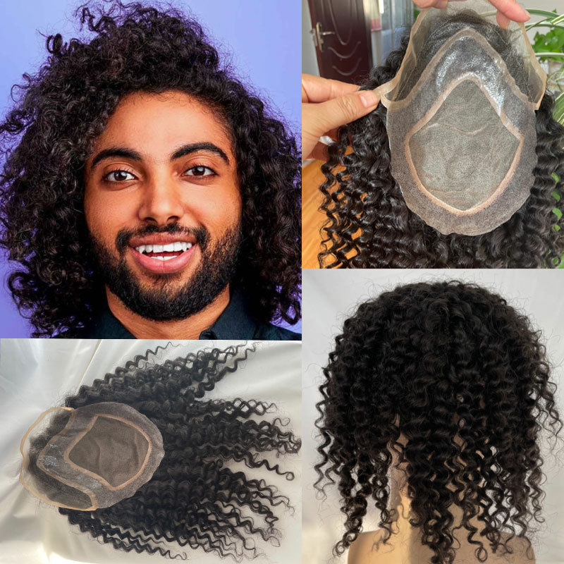 Human Hair Men Toupee Mono Lace With Npu Around Lace Systems Size 8x10Inch Kinky Curly 12'' Long Human Hair Toupee for Men Wigs