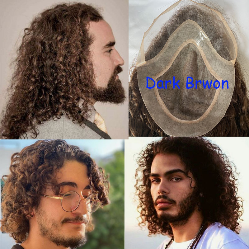 Free Shipping Long Toupee For Men 12inch Human Hair Best Mono Lace With PU Toupee Men Wigs Afro Kinky Curly 10X8inch Toupee Men's Wigs