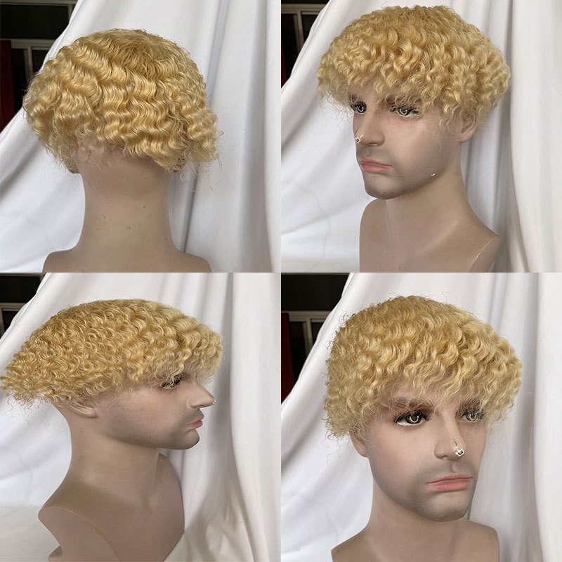 Human Hair Mens Hairstyles 360 Men Wave Swiss Full Lace Curly Wigs Toupee 613# Color Toupee For Mens Afro Kinky Curly Toupee Hair Weave