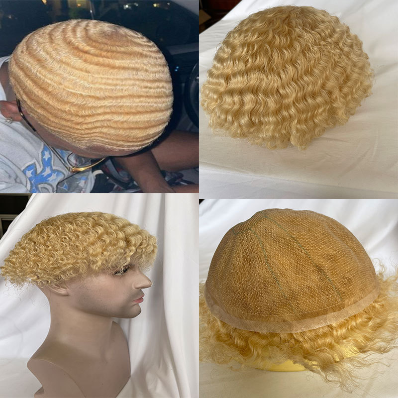 Human Hair Mens Hairstyles 360 Men Wave Swiss Full Lace Curly Wigs Toupee 613# Color Toupee For Mens Afro Kinky Curly Toupee Hair Weave