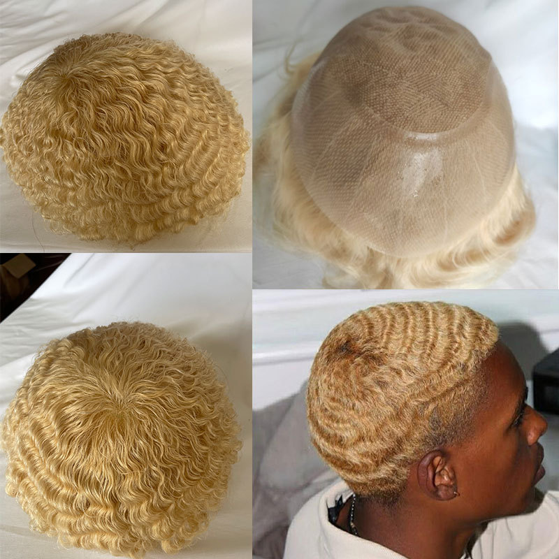 Human Hair Mens Hairstyles 360 Men Wave Swiss Full Lace Curly Wigs Toupee 613# Color Toupee For Mens Afro Kinky Curly Toupee Hair Weave