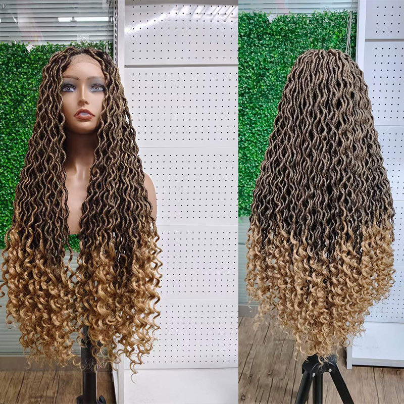 Voloriahair 36inch Braided Wigs For Black Women Synthetic Hair Wigs Long Curly Wig Brown Highlight Wigs For Women Curly Wavy Synthetic Middle Part Wigs