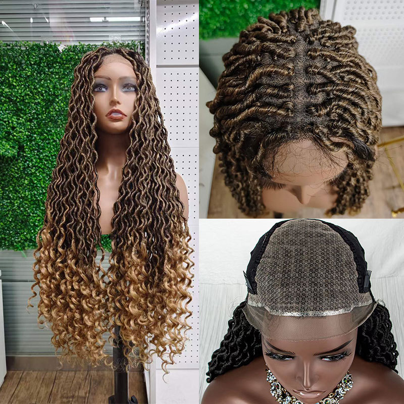 Voloriahair 36inch Braided Wigs For Black Women Synthetic Hair Wigs Long Curly Wig Brown Highlight Wigs For Women Curly Wavy Synthetic Middle Part Wigs
