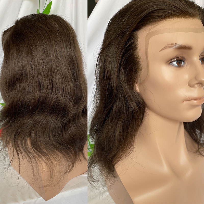 Custom Wigs Swiss Lace Front With Pu Back Human Hair Wig Toupee For Men 12inch Long Toupee Hair Wigs 3# Brown Color 180% Density 12.5X13.5inch