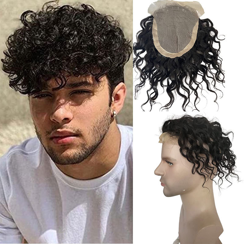 Men's Toupee 8inch Hairpieces Curly Hair 100% European Virgin Human Hair Replacement System Hair Topper Pieces For Men Swiss Lace Net With PU Base Size 4.3x6.7 inch Natural Black Color