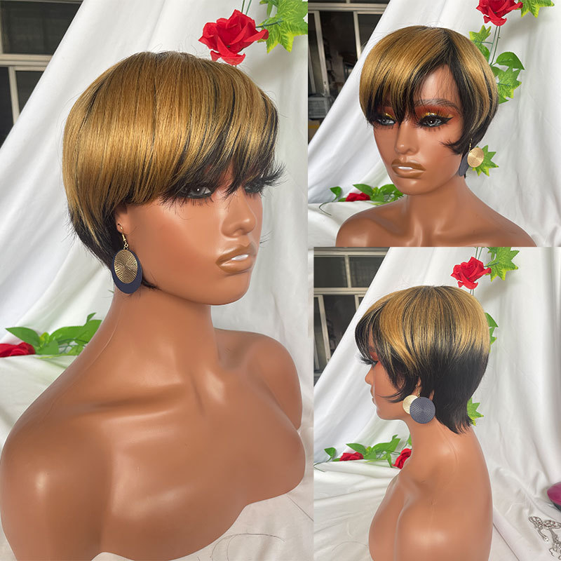 Ombre Short Pixie Cut Straight Bob Wigs Human Hair Brazilian Hair Wigs For Black Women No Lace Wig With Bangs Full Machine Made Wholesale African American Women Wigs 150%Density