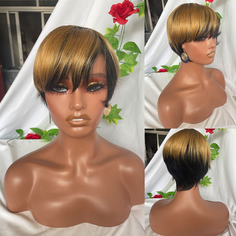 Ombre Short Pixie Cut Straight Bob Wigs Human Hair Brazilian Hair Wigs For Black Women No Lace Wig With Bangs Full Machine Made Wholesale African American Women Wigs 150%Density