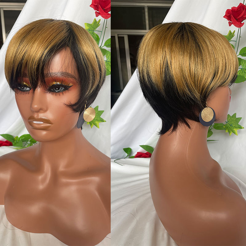 Ombre Short Pixie Cut Straight Bob Wigs Human Hair Brazilian Hair Wigs For Black Women No Lace Wig With Bangs Full Machine Made Wholesale African American Women Wigs 150%Density