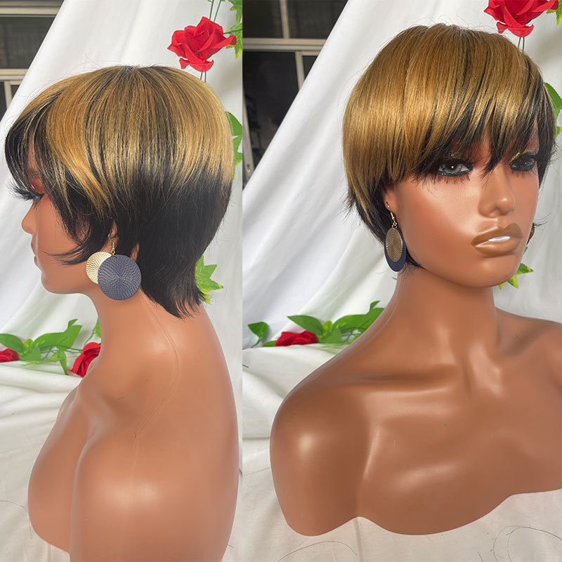 Ombre Short Pixie Cut Straight Bob Wigs Human Hair Brazilian Hair Wigs For Black Women No Lace Wig With Bangs Full Machine Made Wholesale African American Women Wigs 150%Density