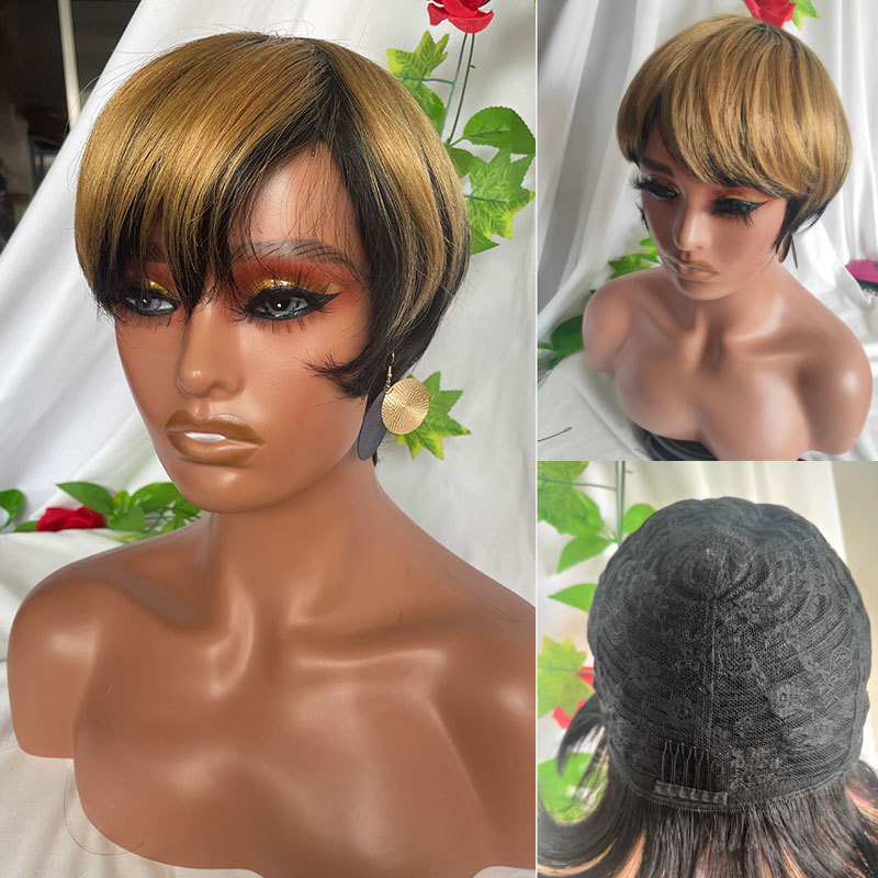 Ombre Short Pixie Cut Straight Bob Wigs Human Hair Brazilian Hair Wigs For Black Women No Lace Wig With Bangs Full Machine Made Wholesale African American Women Wigs 150%Density