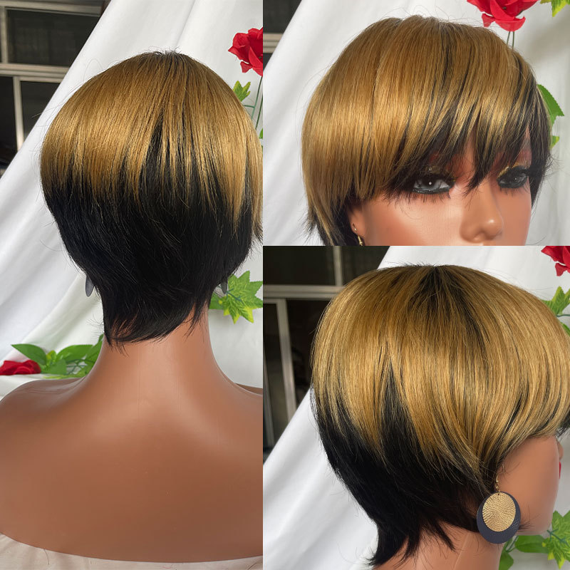 Mens Wigs Short Straight Bob Wigs Human Hair No Lace Wig With Bangs Full Machine Made Wholesale African American Women Wigs 150% Density Blonde 1B/27# Ombre 1B Color For Men Hair Wigs