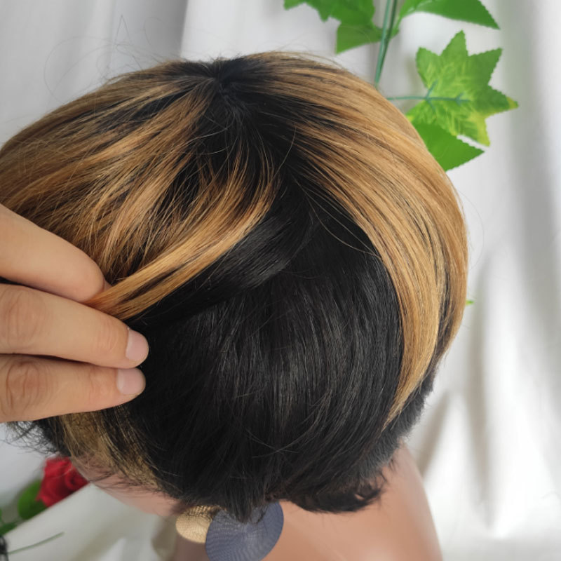 Ombre Short Pixie Cut Straight Bob Wigs Human Hair Brazilian Hair Wigs For Black Women No Lace Wig With Bangs Full Machine Made Wholesale African American Women Wigs 150%Density