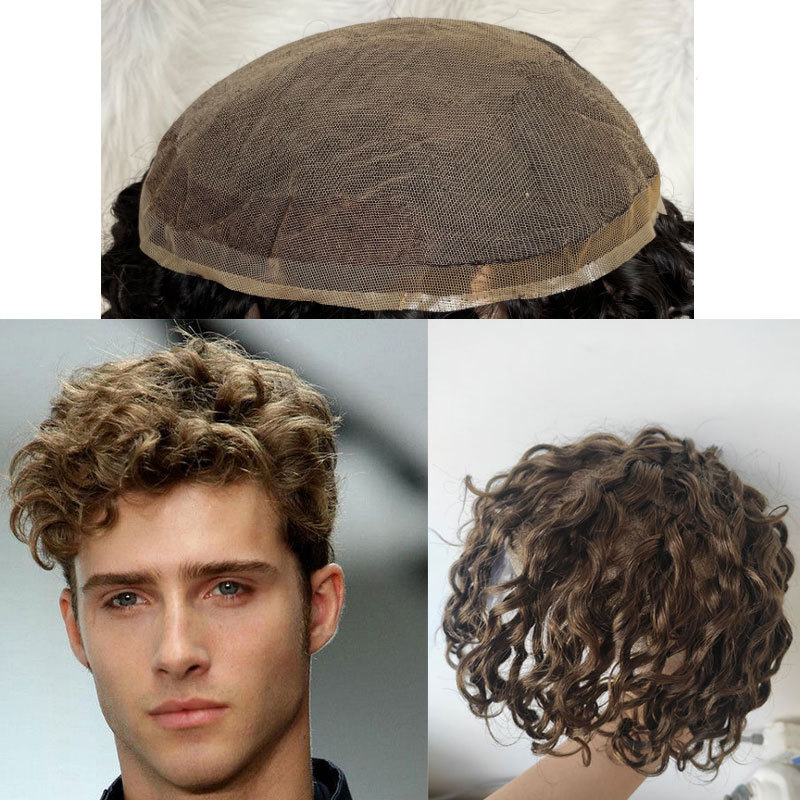 Full French Lace Mens Toupee Loose Wave European Human Hair Replacement Systems for Men Hairpiece 10x8inch 4# Brown Color