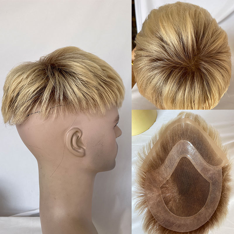 Men's Toupee Human Hair 8x10 Hairpiece For Mens Hair Replacement System Bases Short Touppe Men Wigs Swiss Lace Toupee Ombre 60# Color 3inch Cut Wigs