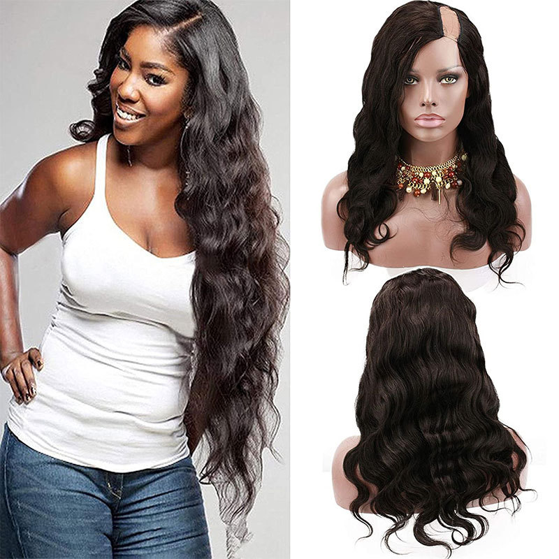 180% Density Body Wave Left U Part Wigs Glueless Human Hair Wigs For Women Brazilian Remy Hair Wigs1x4inch Human Hair Wig With Clips Combs Straight Hair Wigs