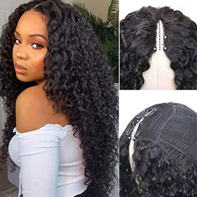 Voloriahair V Part Water Wave Human Hair Wig With 2X5inch Water Wavy V-part Wigs No Leave Out Upgraded Middle Part U Part Wig For Black Women Clip in Half Wig