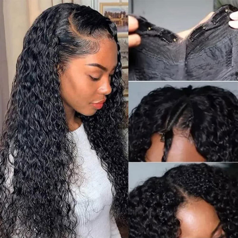 Voloriahair V Part Water Wave Human Hair Wig With 2X5inch Water Wavy V-part Wigs No Leave Out Upgraded Middle Part U Part Wig For Black Women Clip in Half Wig