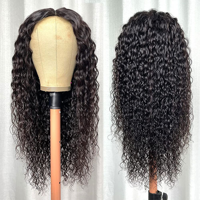 Voloriahair V Part Water Wave Human Hair Wig With 2X5inch Water Wavy V-part Wigs No Leave Out Upgraded Middle Part U Part Wig For Black Women Clip in Half Wig