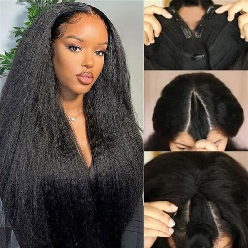 2X5inch Middle Part V Part Kinky Straight Wig Human Hair No Leave Out Upgraded U Part Glueless Wigs For Women Yaki Straight V Part Human Hair Wigs