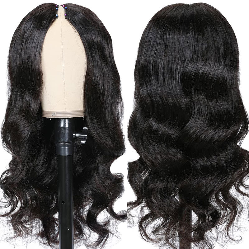 Voloriahair V Part Body Wave Wigs Human Hair No Leave Out U part Wigs V-Shape Human Hair Wig With Clips 180%Density Natural Black With Clips Combs Straight Hair Wigs
