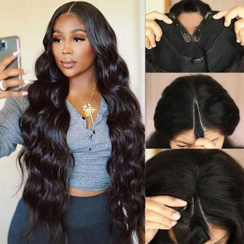 Voloriahair V Part Body Wave Wigs Human Hair No Leave Out U part Wigs V-Shape Human Hair Wig With Clips 180%Density Natural Black With Clips Combs Straight Hair Wigs