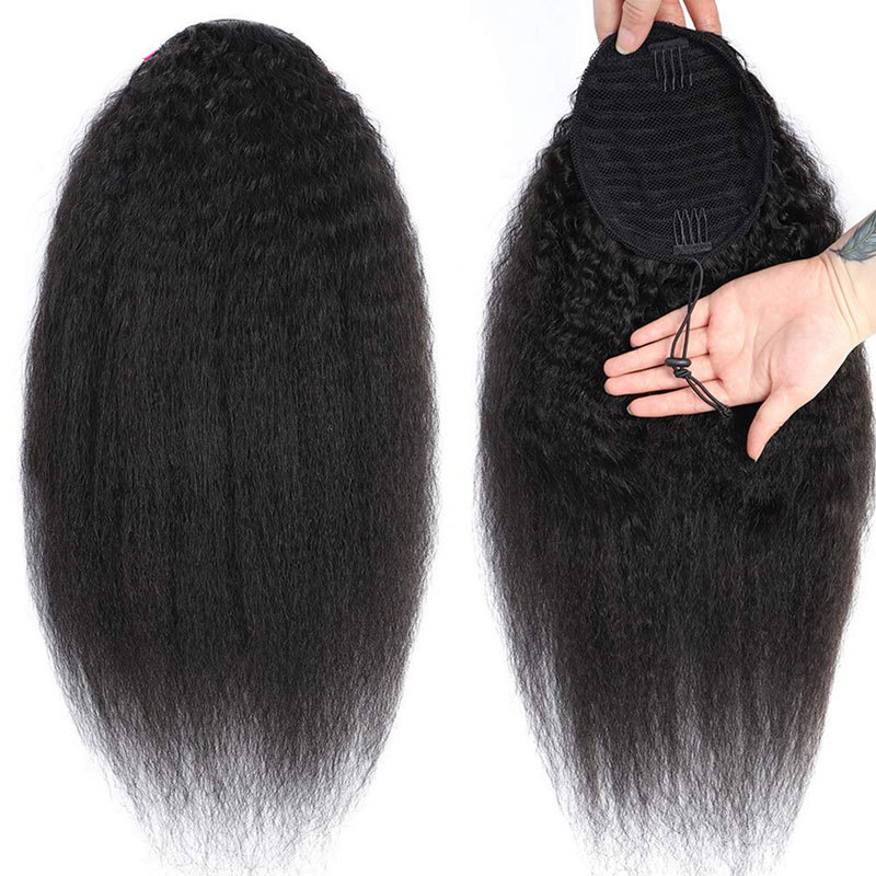 Kinky Straight Drawstring Ponytail Hair Extension Yaki Straight Ponytail Human Hair Brazilian Remy Hair Combs In Ponytail Extensions For Women 120g