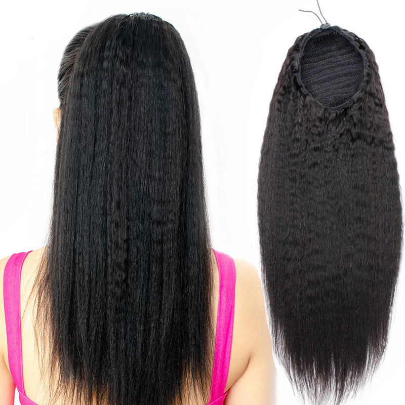 Kinky Straight Drawstring Ponytail Hair Extension Yaki Straight Ponytail Human Hair Brazilian Remy Hair Combs In Ponytail Extensions For Women 120g